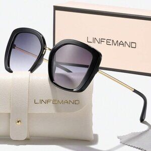 LINFEMAND Vintage Oversized Cat Eye Sunglasses-Black/Brown Frame, Gold Arm New